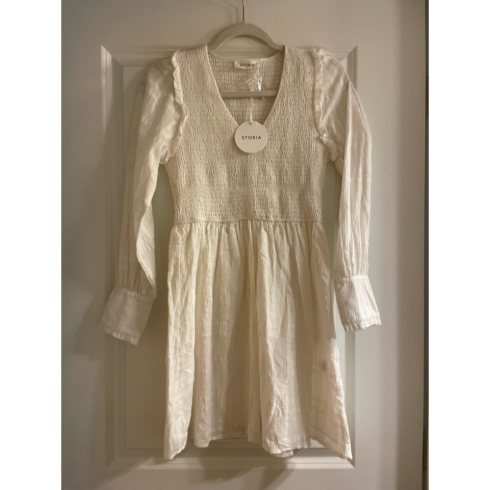 NWT Storia White Long Sleeve Boho Mini Dress Smocked Bodice‎ Size S